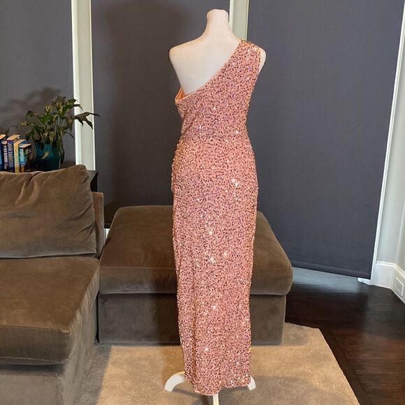 Women’s One Shoulder Pink Sequined Formal Prom Dress Long Leg Slit Size S NWOT - Picture 5 of 11